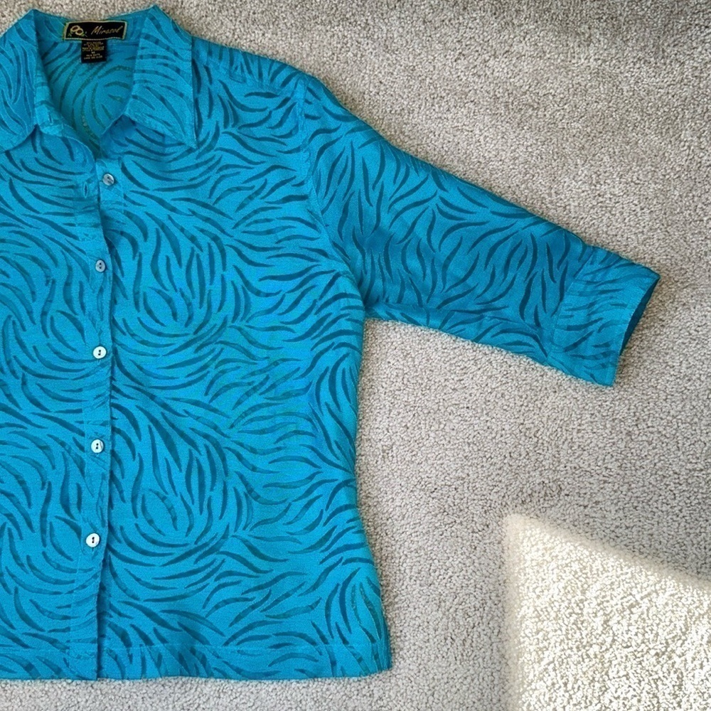 Vintage Mirasol Turquoise Burnout Shirt Flax Blend  Button Up Lightweight Medium - Picture 7 of 9